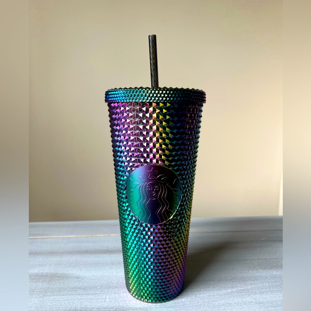 NWT Starbucks FALL 2023 Black Bling Oil Slick Rainbow Studded Cold Cup Venti